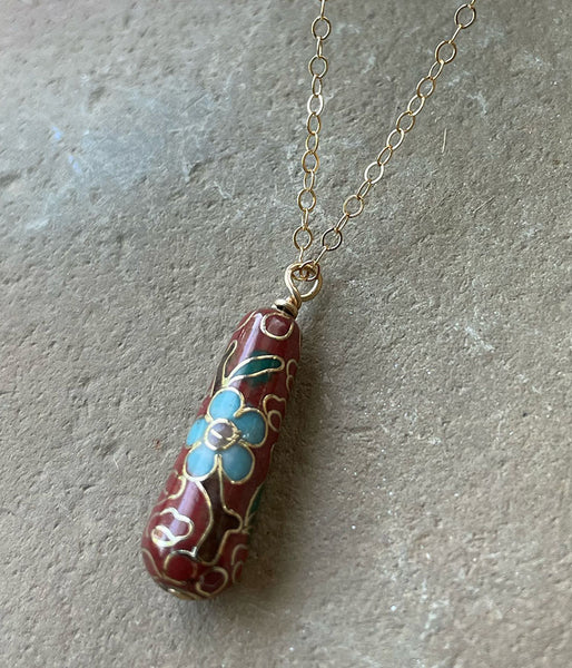 Vintage Cinnamon Cloisonné Teardrop Necklace