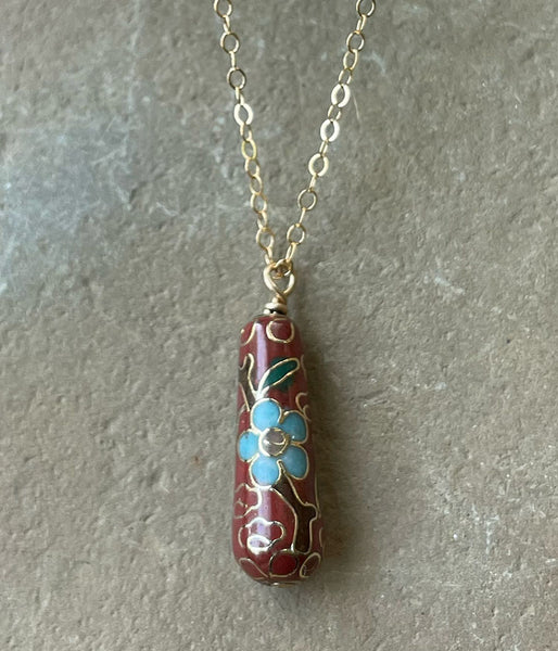 ltd-165 Vintage Cinnamon Cloisonné Teardrop Necklace