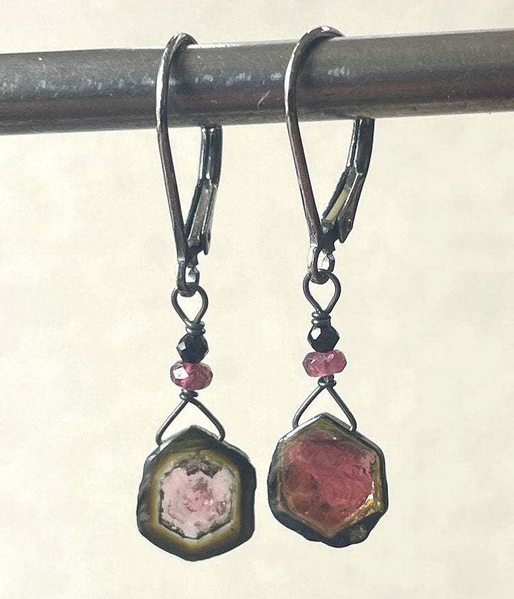 Hexagonal Watermelon Tourmaline Earrings
