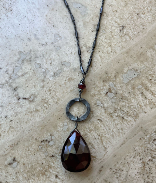 Garnet & Hammered Circle Necklace