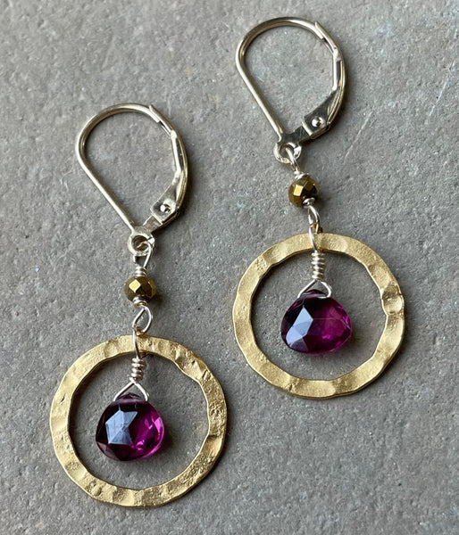 Purple Garnet Hammered Circle Earrings