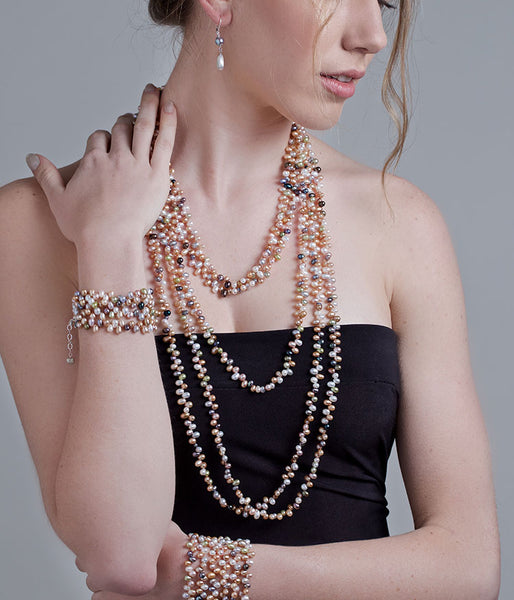 eod-pearl-grace-1 Freshwater pearl, sterling silver.
Inspired by the Venetians, I am creating pearl layering necklaces in lengths that will also wrap around your wrists to form cuffs of pearls!