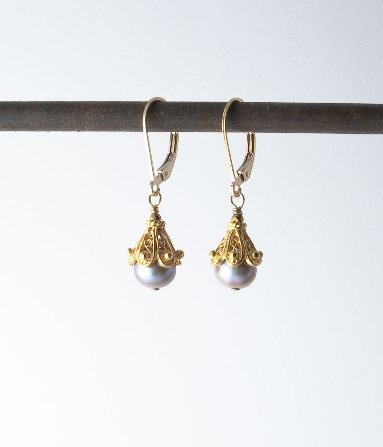 Freshwater pearl, vermeil, gold-fill. 
Earrings, 1.25"