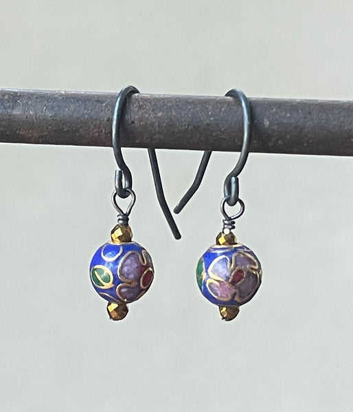 Vintage Royal Blue Cloisonné Earrings