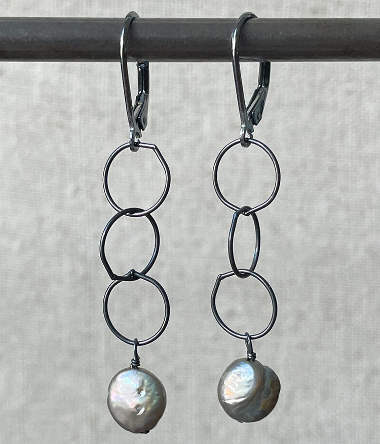 Reflective Pewter Pearl Drop Earrings