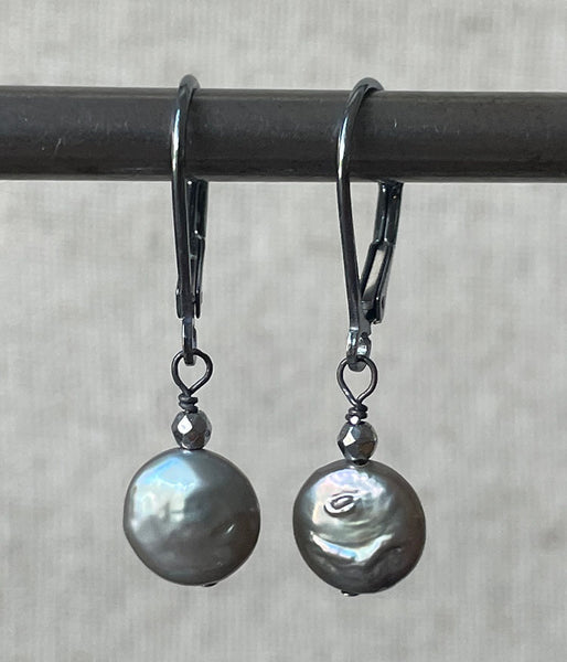 Reflective Pewter Pearl Earrings