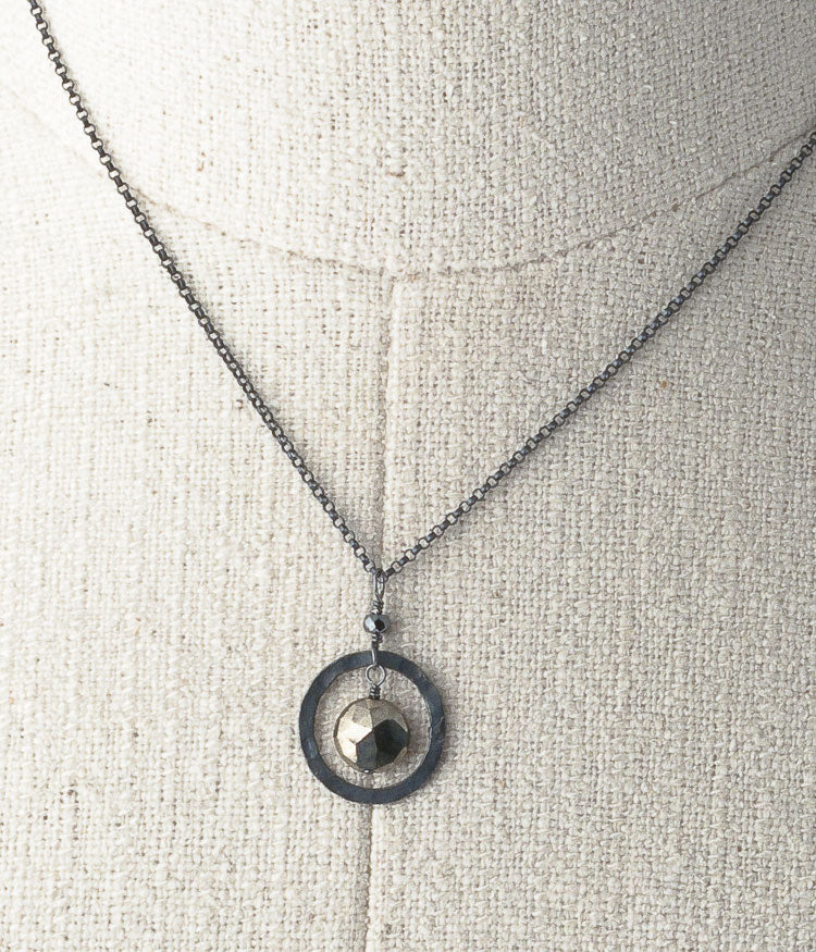 Pyrite, oxidized sterling silver. 

  Necklace (adjustable), 16-18”
