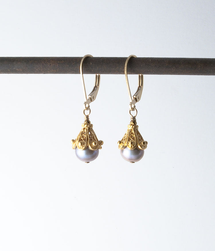 Freshwater pearl, vermeil, gold-fill. 

Earrings, 1.25" 